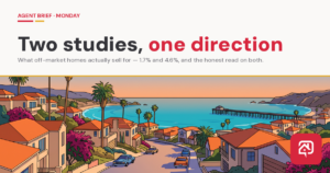 Illustrated coastal neighborhood with the headline Two studies, one direction
